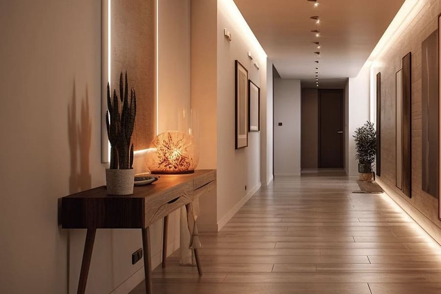 A photo of a modern-lit hallway. Our commercial electricians can also help with sustainable projects.