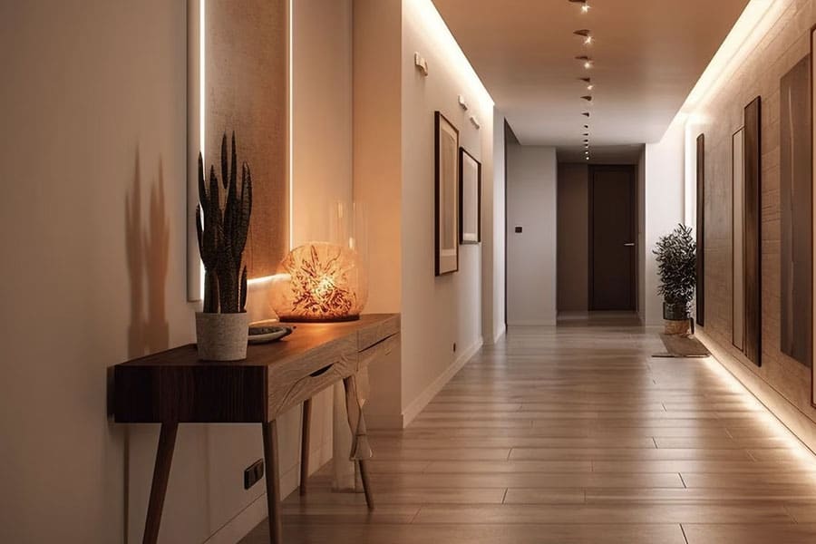 A photo of a modern-lit hallway. Our commercial electricians can also help with sustainable projects. A photo of a modern-lit hallway. Our commercial electricians can also help with sustainable projects.