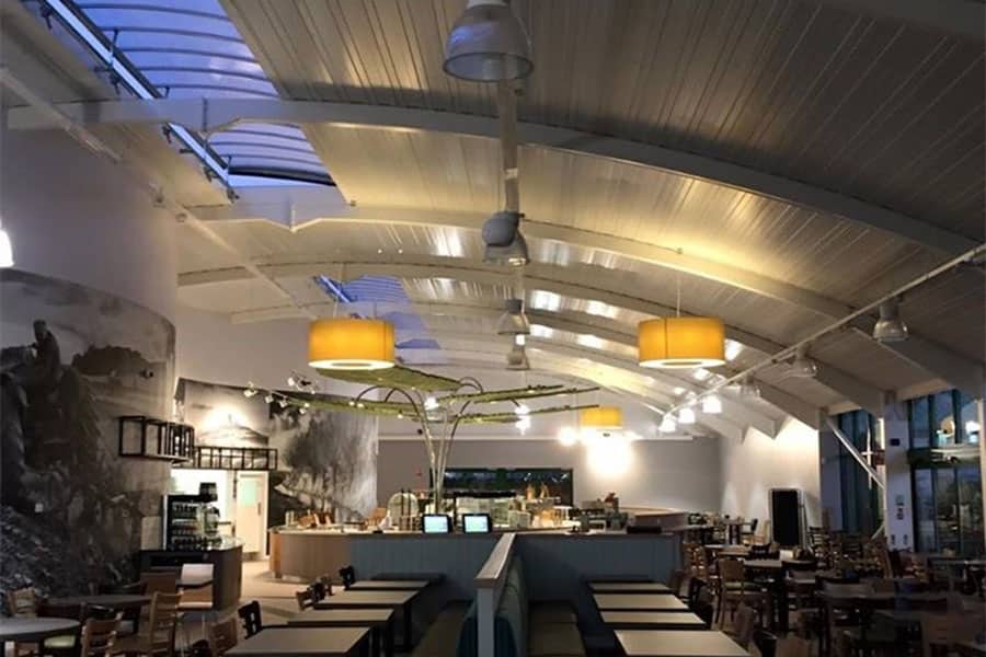 An example of REF's commercial electrician skills. Beautiful modern ceiling lighting on a curved roof.