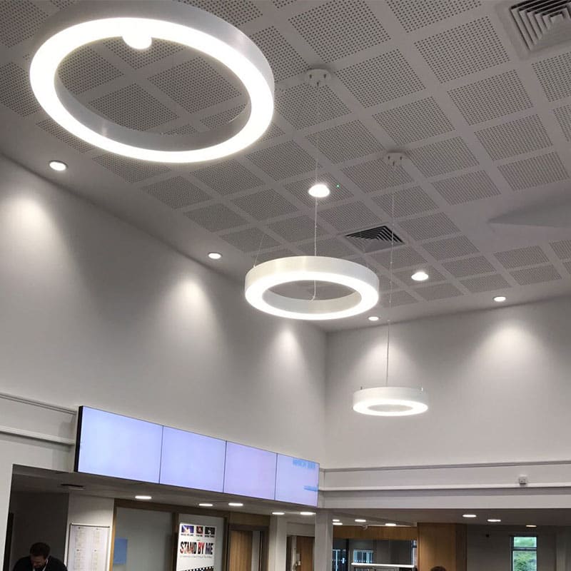 An example of our electrical contractor skills. Circular handing lighting suspended from the ceiling.